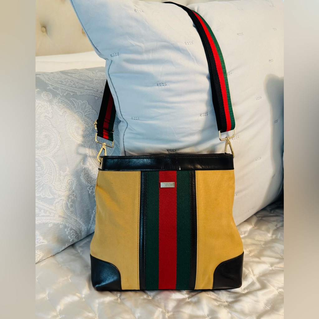 Gucci Crossbody Web Canvas Sherry Line Bag In Brown And Tan